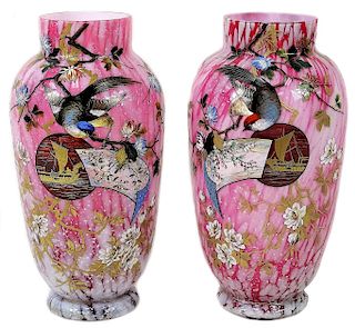 Pair of Large Hand Enameled Czech Art Glass Vases