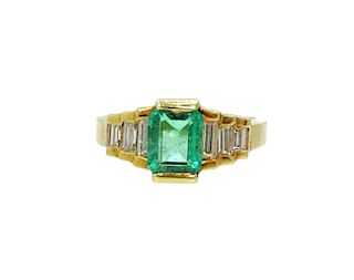 Estate 18K Emerald 1.10ct & 0.60ct Diamond Ring