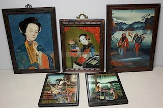 Lot of 5 Vintage Asian Reverse Paintings on Glass.