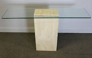 Midcentury Travertine and Glass Top Console.