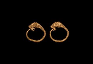 Greek Gold Bull's Head Earring Pair