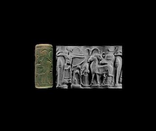 Western Asiatic Green Stone Cylinder Seal with Hunting Archer