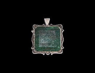 Islamic Calligraphic Emerald in Silver Pendant