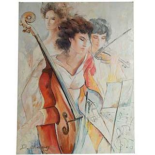 LOTE SIN RESERVA. Firmado D. Zhang. Mujeres con violín. Óleo sobre tela. Sin enmarcar. Presenta marcas y desgaste. Dimensiones: 104 x 7
