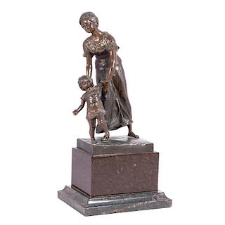 Bronze Mother with Child on Marble Plinth and Base.Paul