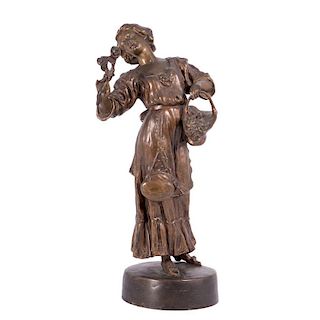 Bronze Woman with a Flower Basket. Signed P. Tereszczuk