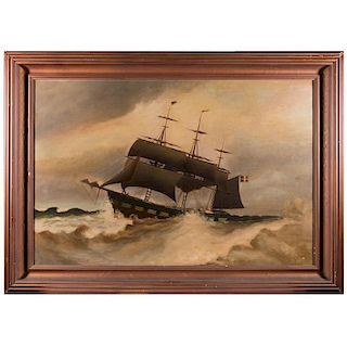 Seascape of a ship in a storm.