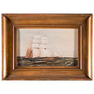 19th century painting of a tall ship.