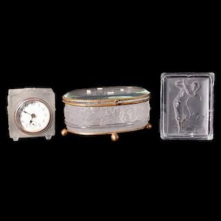 Two Frosted Glass Boxes and Frosted Glass Cased Clock.