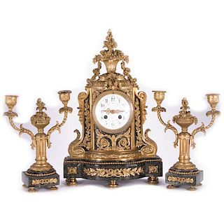 Louis XVI Style Gilt Bronze and Marble Clock and Garnit