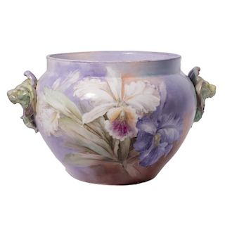 Porcelain Cachepot/Planter with Hand Painted Iris' and 