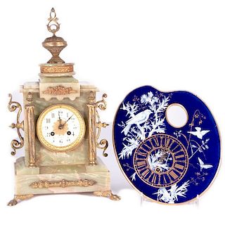 Two French Clocks, Artist Palette Wall Clock and Green 