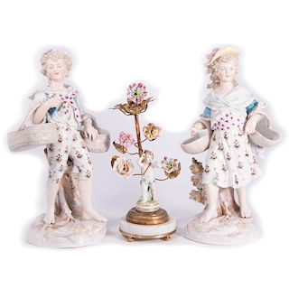 Pair Sevre Style Figures and German Cherub Mounted on M