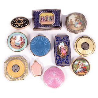 Collection of Nine Sterling and Enamel Compacts plus Pi