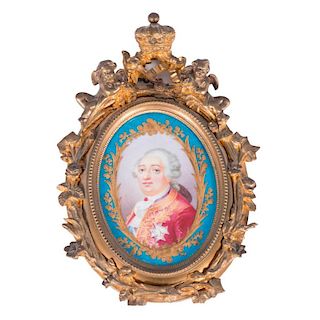 Sevre Style Oval Portrait Plaque Mounted in Gilt Brass 