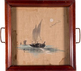 Japanese painting on silk framed as a tray.
