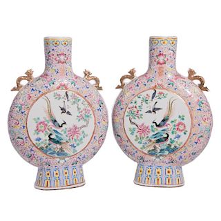 Pair of Enameld Moon Flask Vases. Chinese.