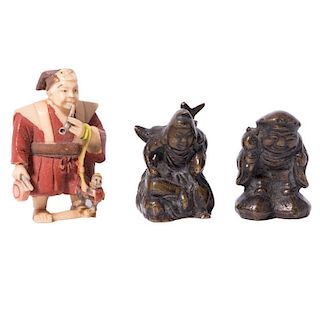 Carved Netsuke Figure and Two Bronze Weights, Japanese.