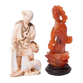 Carved Agate Female on a Wooden Stand. Japanese Carved 