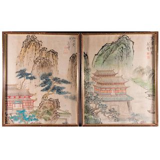 A pair of Chinese landscapes on silk.