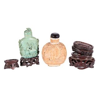 Two Large Snuff Bottles and 4 Asian Stands.