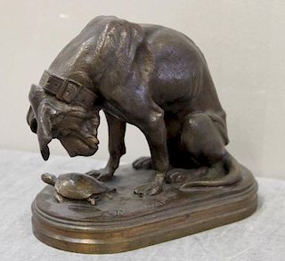 Bronze Figure of a Dog Looking at a Tortoise.