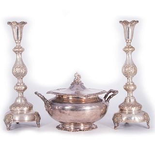 Silver Plate Tureen and Pair of Candlesticks.