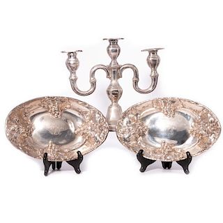 Sterling Pair of Oval Trays, Three Light Candleabra