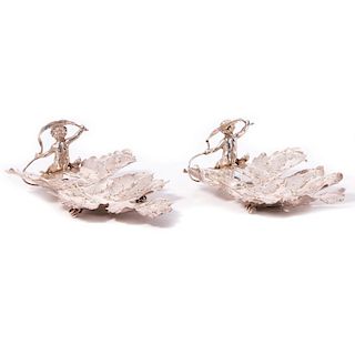 Pair of Silver Leaf Shape Candy Dish with Cherubs.