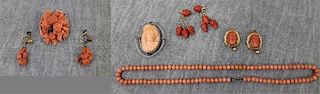 JEWELRY. Assorted Antique Coral Jewelry Grouping.