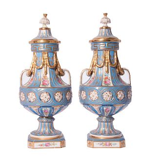 Pair of Sevres Style Blue Covered Garnitures.