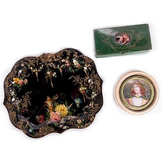 Two Hand Painted Medallions and Tole Painted Tray.