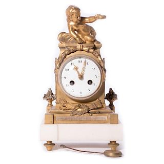 French Bronze and White Marble Clock. 19th. Century.