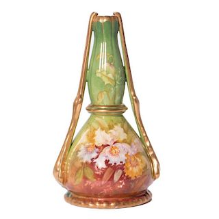 Porcelain Vase in Shape of Bottle, Hand Painted Flowers