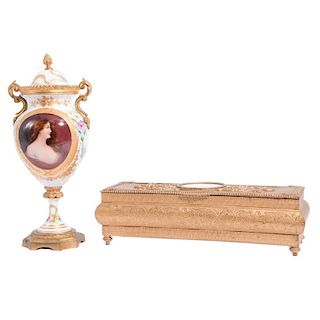 Sevre Covered Urn and Italian Gold Box, both Painted wi