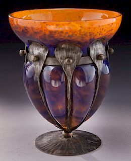 L. Majorelle lobed glass & metal vase,