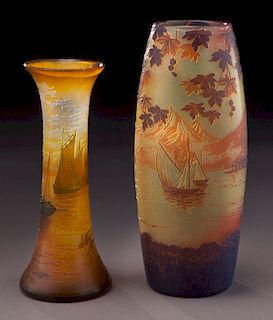 (2) Devez scenic cameo glass vases,