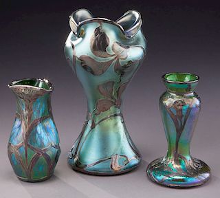 (3) Loetz silver overlay glass items,