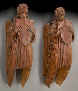 Pr. Antique carved wood angels,