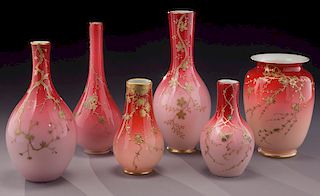 (6) Webb/Harrach peach blow vases