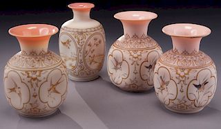 (4) European pinch sided pink satin glass vases,