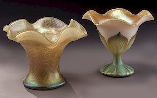 (2) Quezal art glass vases,