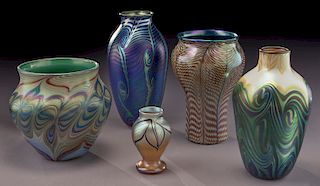 (5) Signed Orient & Flume iridescent glass vases