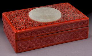 Chinese Republic jade inlaid cinnabar box,
