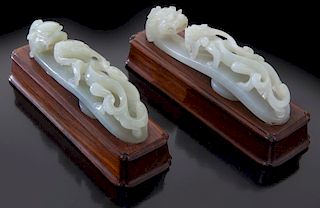 (2) Chinese Qing carved jade dragon belt buckles,