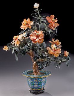 Chinese carved jade tree in cloisonne planter,