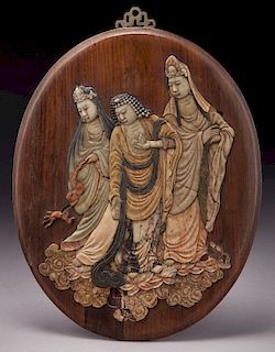 Chinese Qing carved soapstone inlaid rosewood