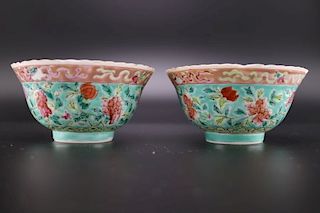 FAMILLE ROSE TURQUOISE GROUND PEONY BOWLS