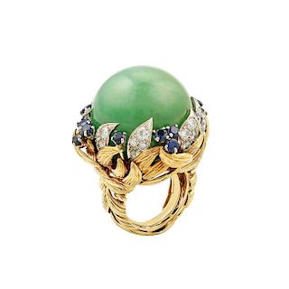 David Webb Jade Cabochon Ring with Sapphires and Diamonds
