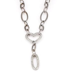 14K White Gold Oval Link Diamond Heart Necklace